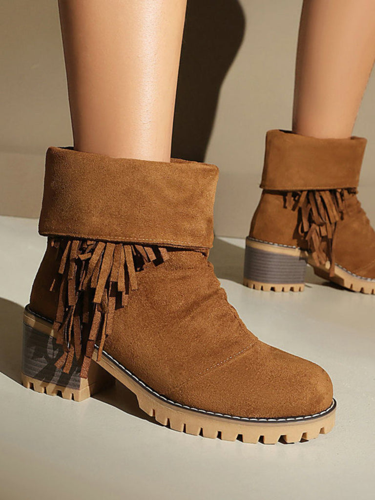 Suede 2-Way Fold-Over Fringe Chunky Heel Boots