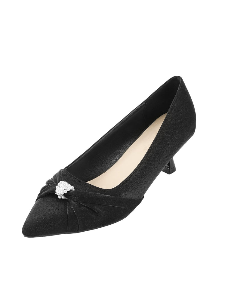 Black Twist Beading Kitten Heels Shoes