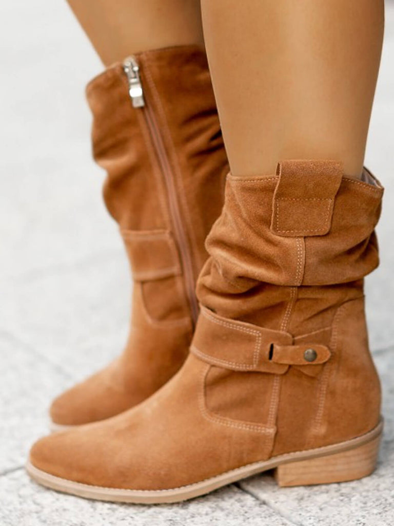 Vintage Solid Suede Mid-Calf Boots