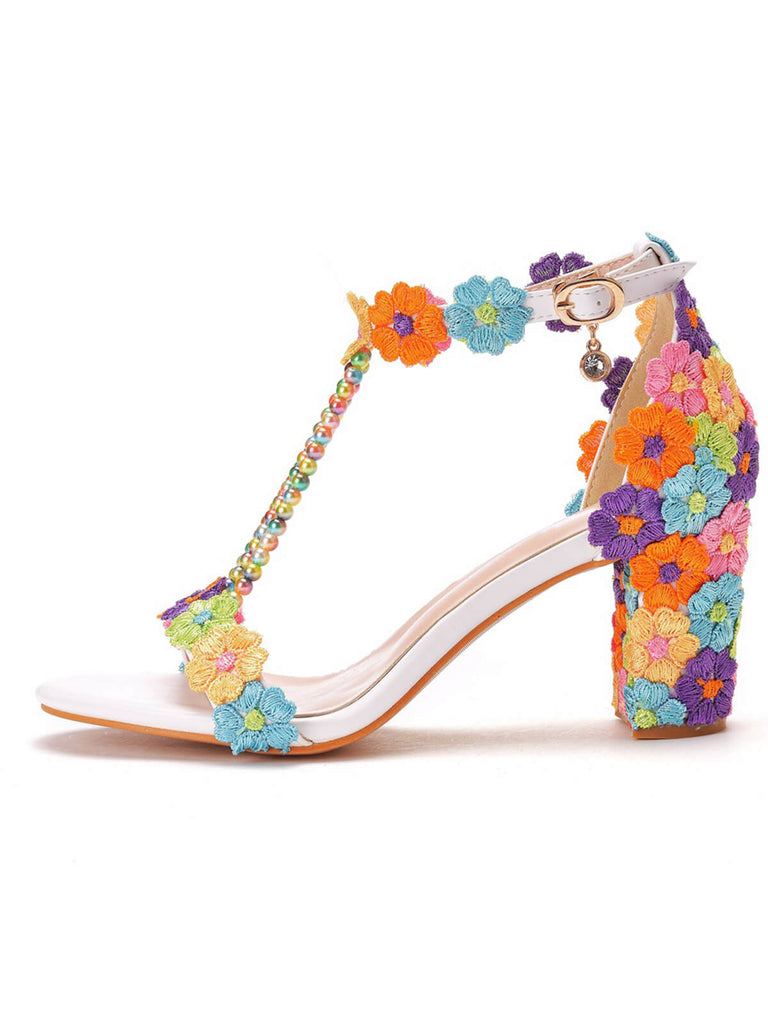 Beaded Flower Hand Embroidered High Heeled Sandals