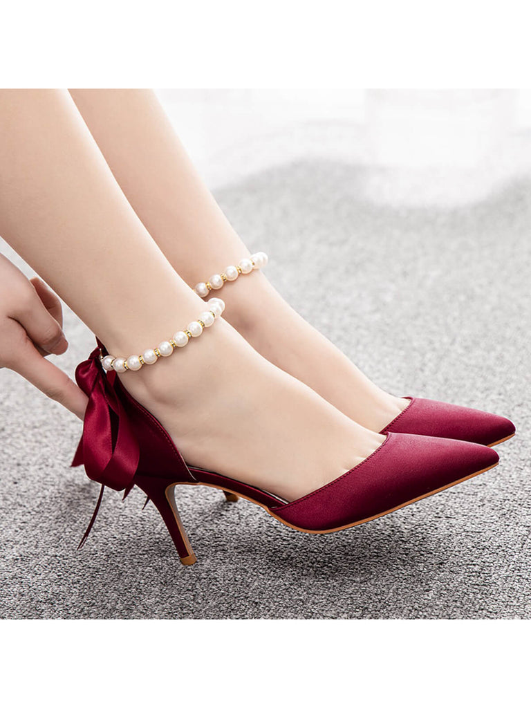 Solid Color Pearl Satin Pointed Toe Heels