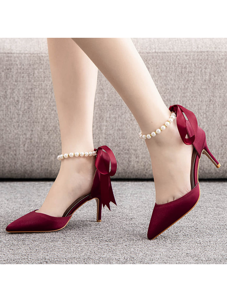Solid Color Pearl Satin Pointed Toe Heels
