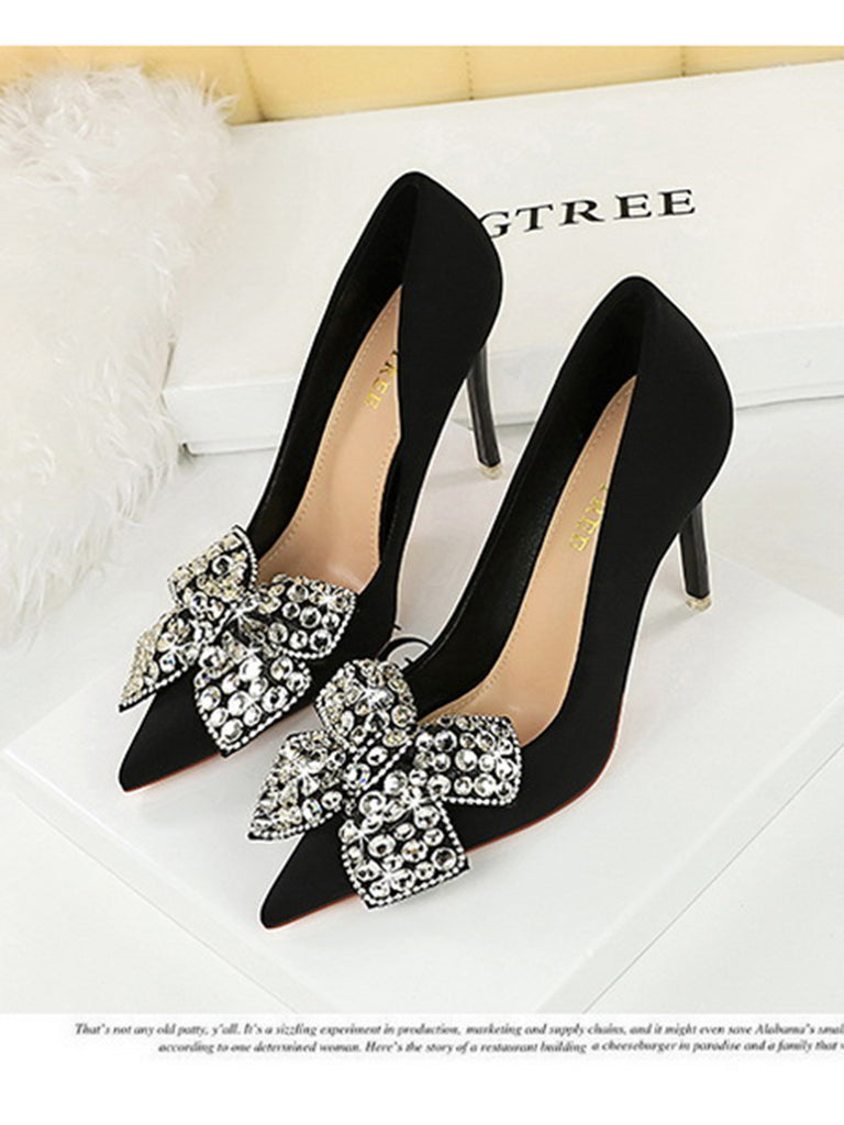 Black Rhinestone Satin Pointed Toe Stiletto Heels