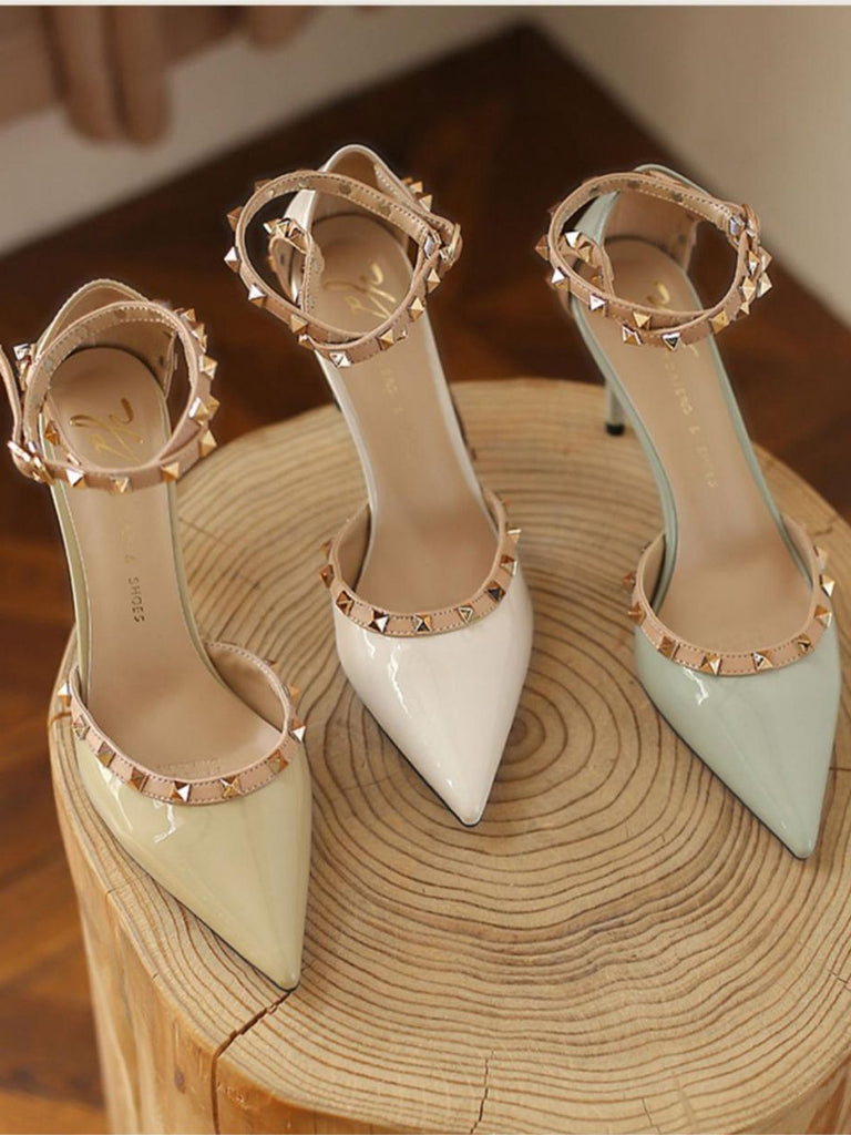 Green Pointed-Toe Studded Stiletto Heels