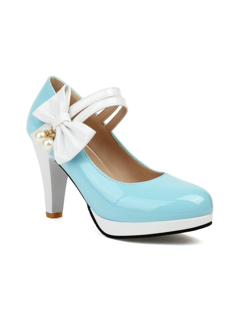 Mary Jane Color Block Side Bow High Heel Shoes