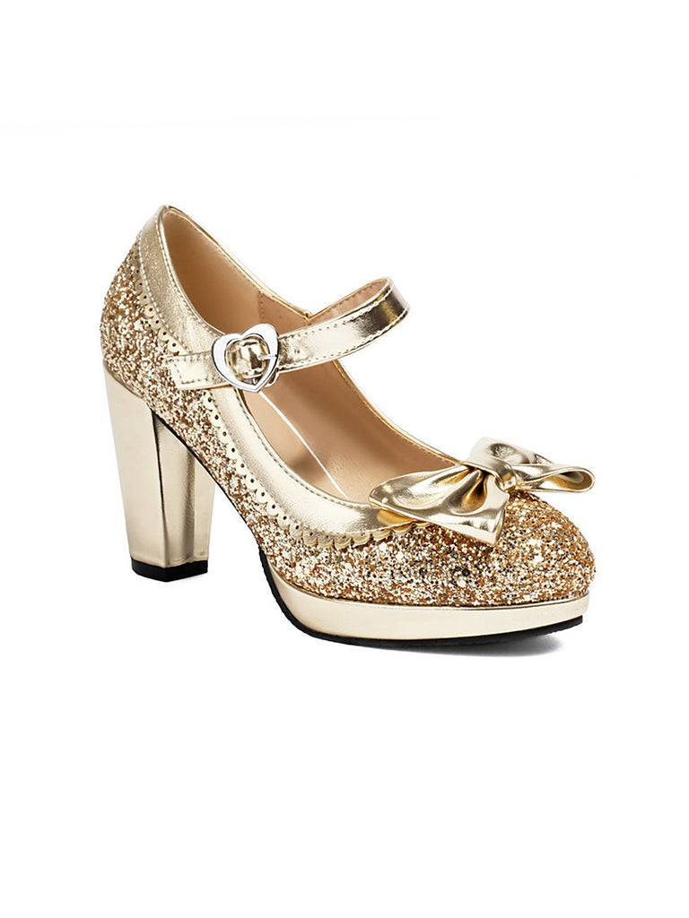 Sequined Bow Chunky High Heels