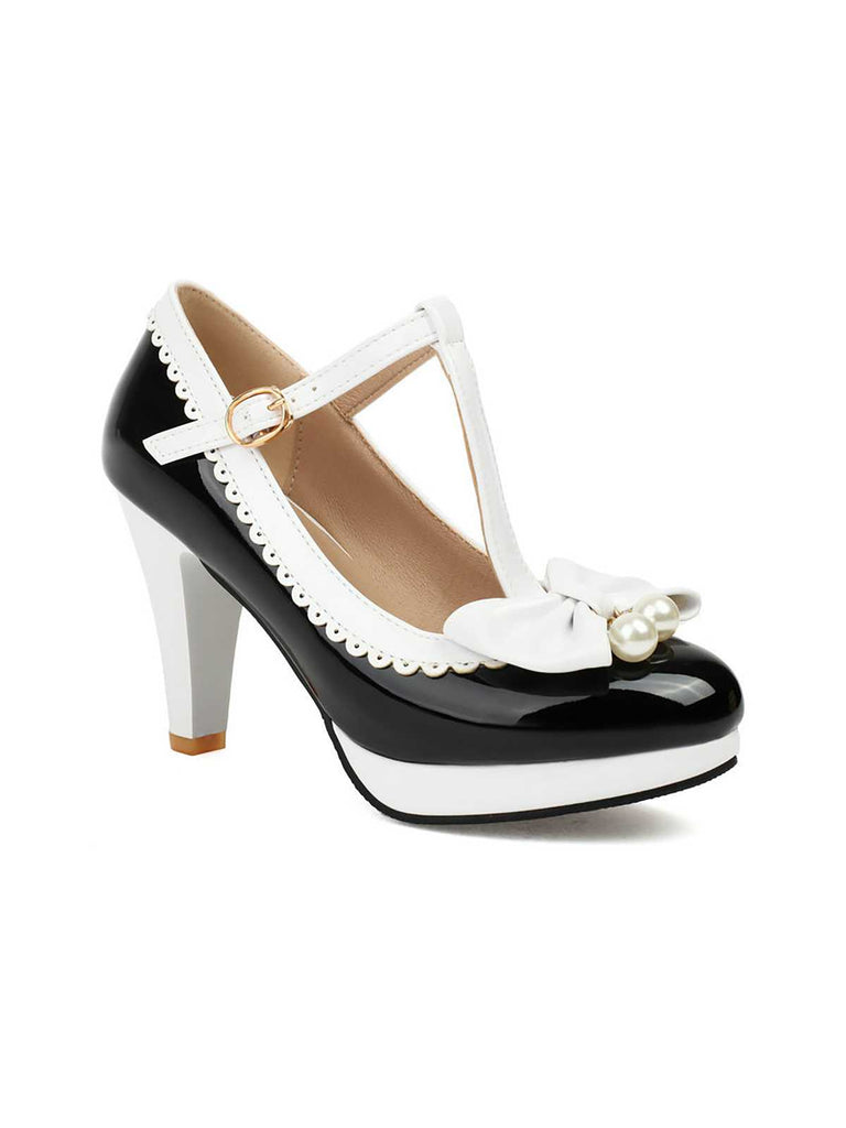 Retro Bow Pearl T-Strap Contrast High Heels Shoes