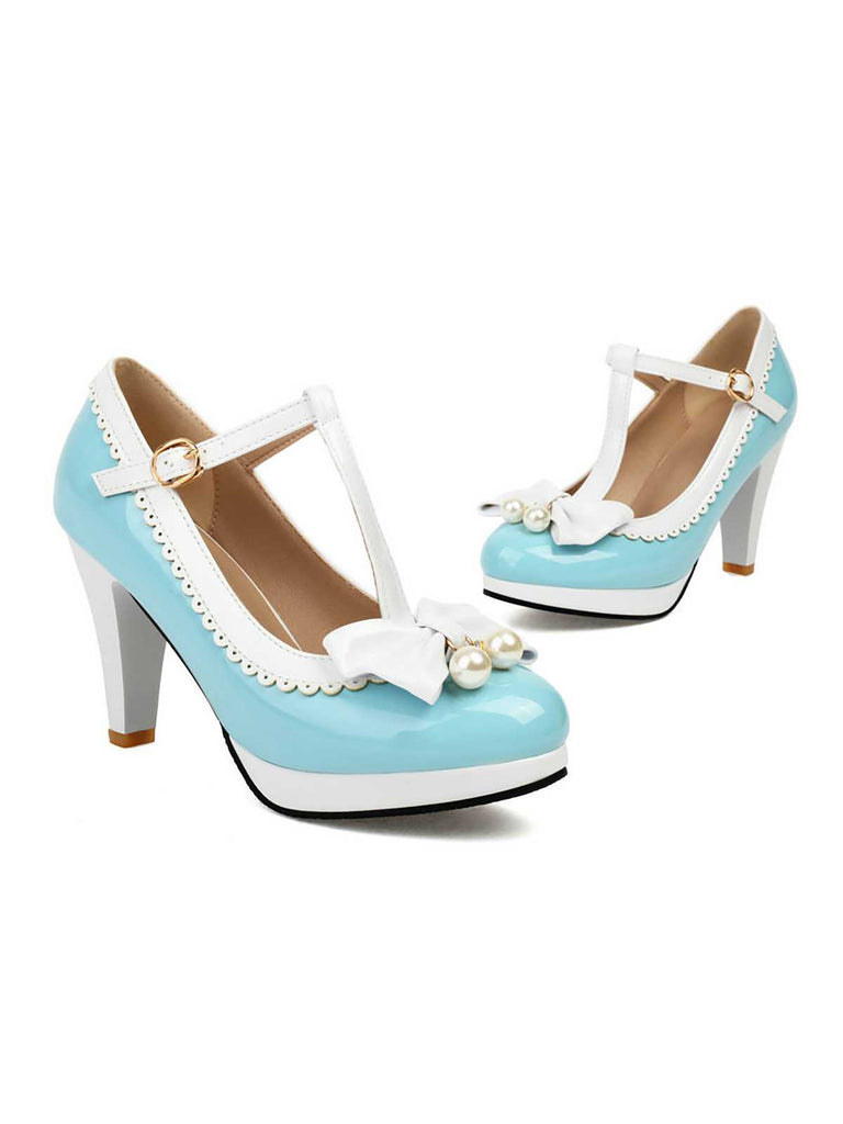 Retro Bow Pearl T-Strap Contrast High Heels Shoes