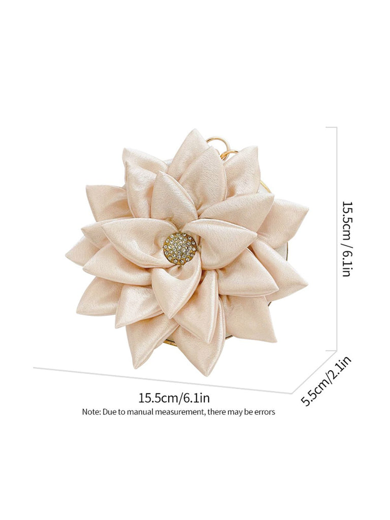 Beige Rhinestone 3D Flower Satin Clutch Bag