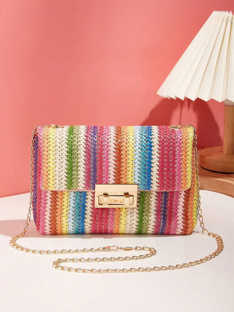 Multicolor Rainbow Flap Straw Bag
