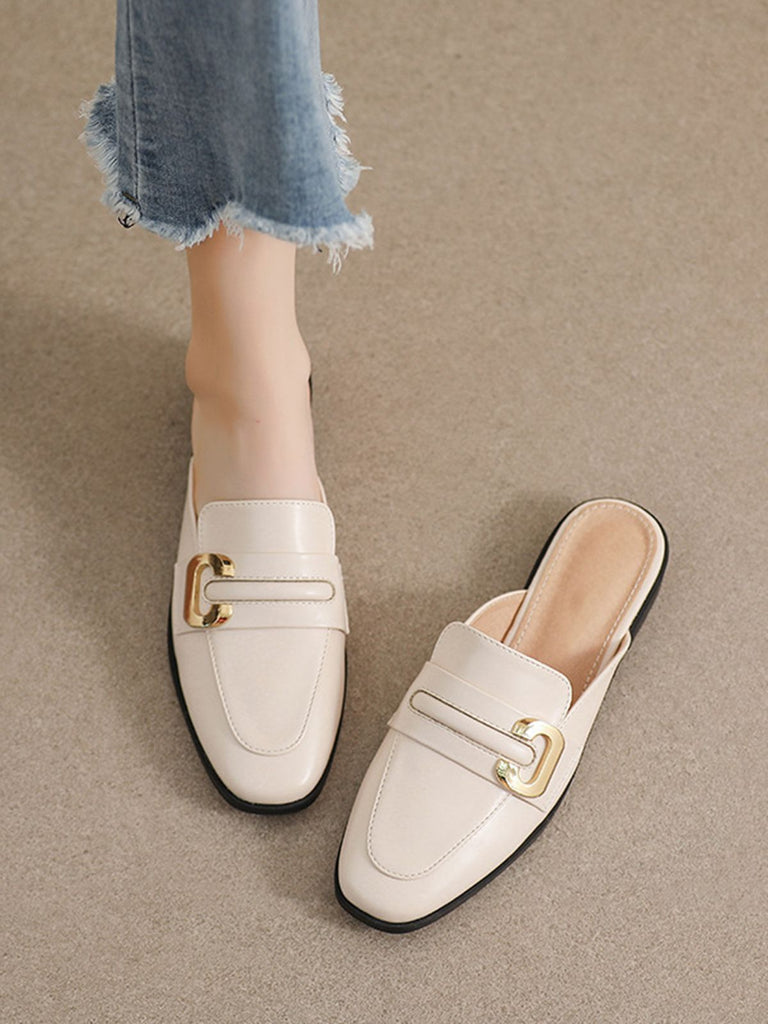 Retro Beige Leather Loafers Half Slippers
