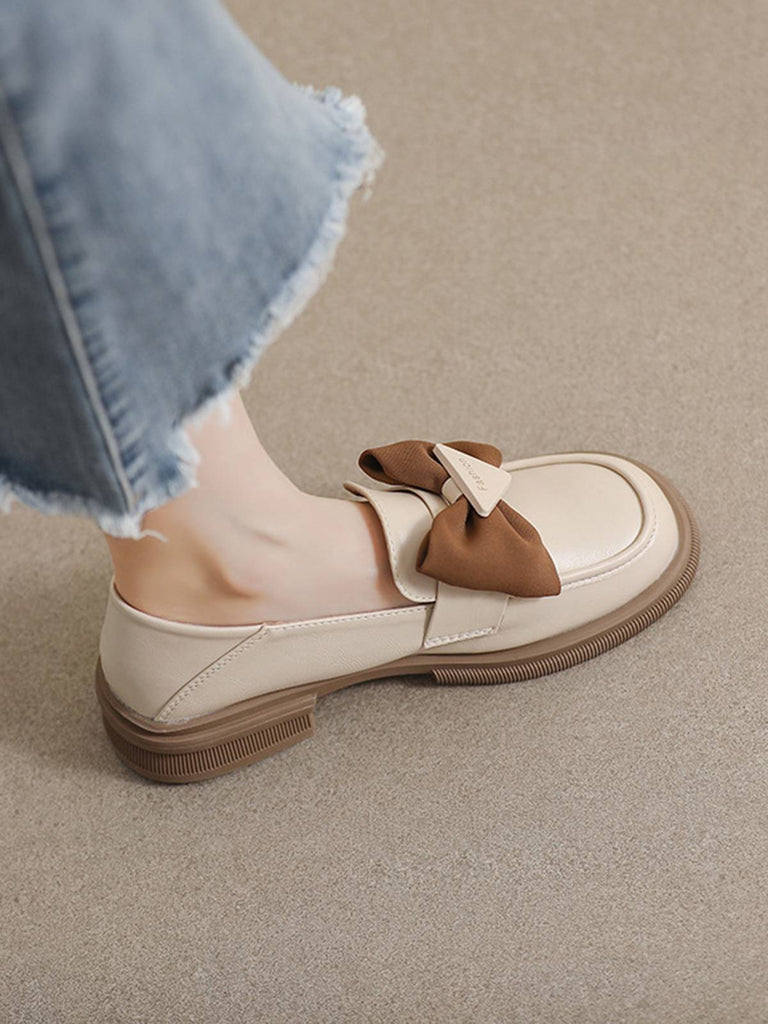Retro Beige Round Toe Leather Loafers Shoes