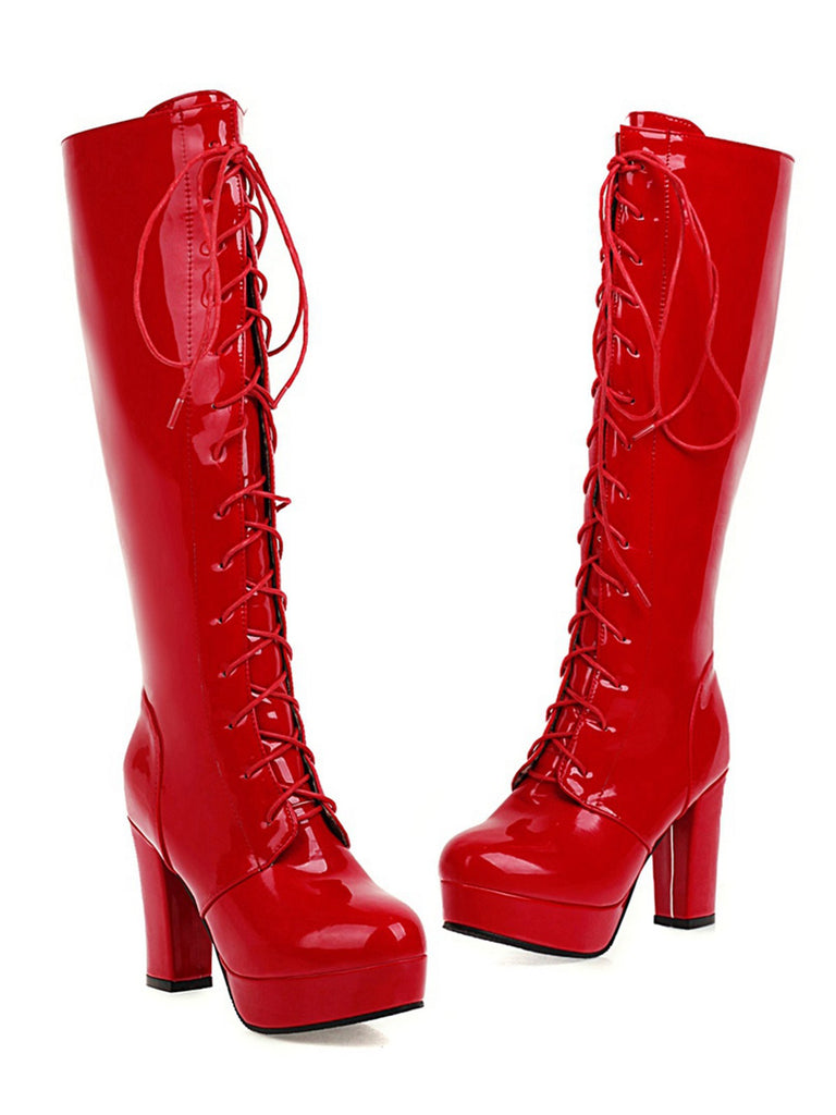 Shiny Patent Leather Lace-Up Solid High Heel Boots