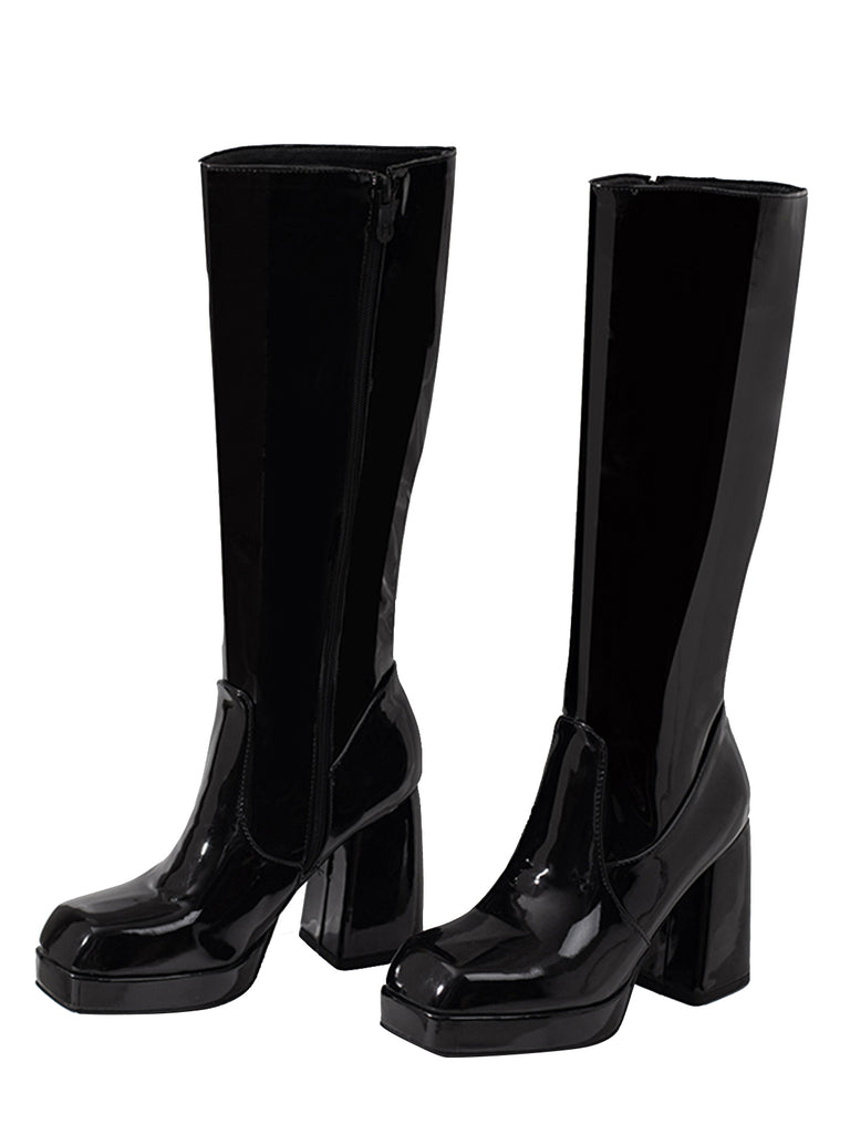 Patent Leather Round Toe Solid High Heel Boots