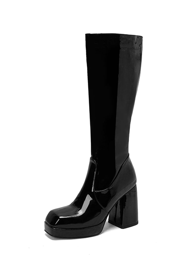 Patent Leather Round Toe Solid High Heel Boots