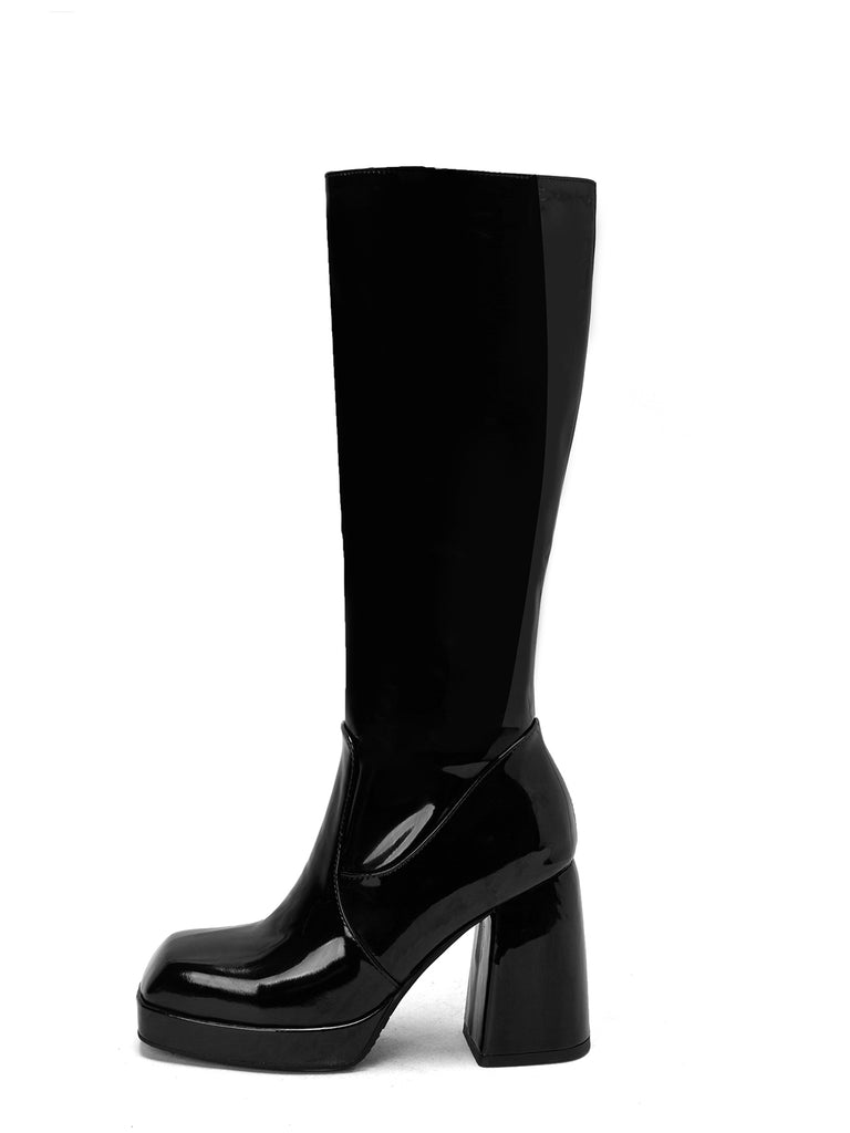 Patent Leather Round Toe Solid High Heel Boots