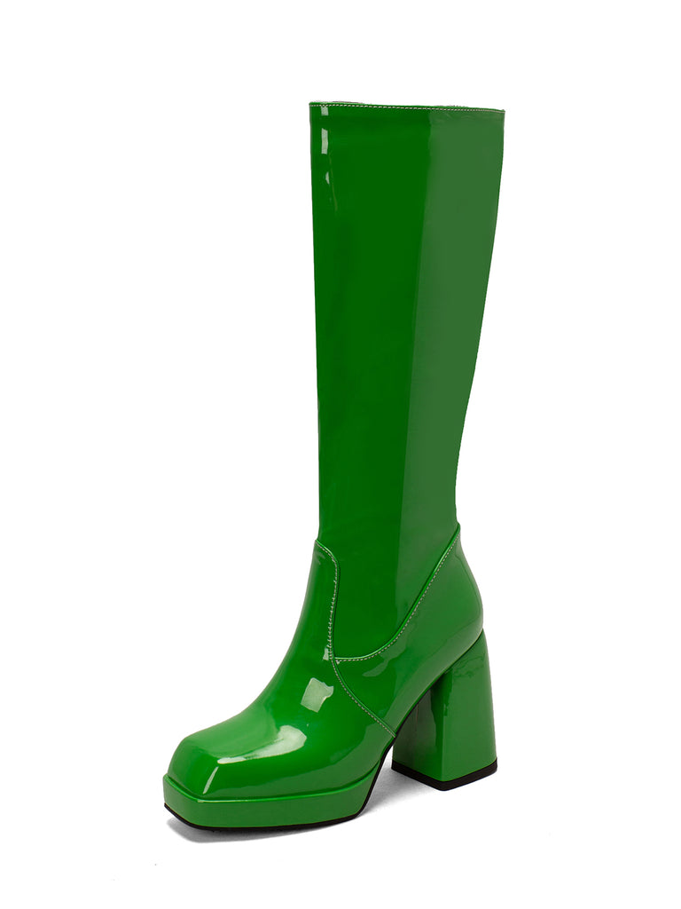 Patent Leather Round Toe Solid High Heel Boots