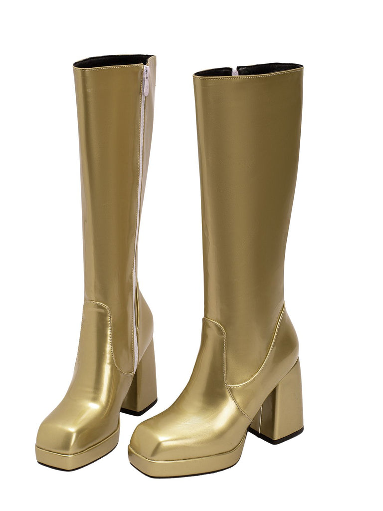 Patent Leather Round Toe Solid High Heel Boots