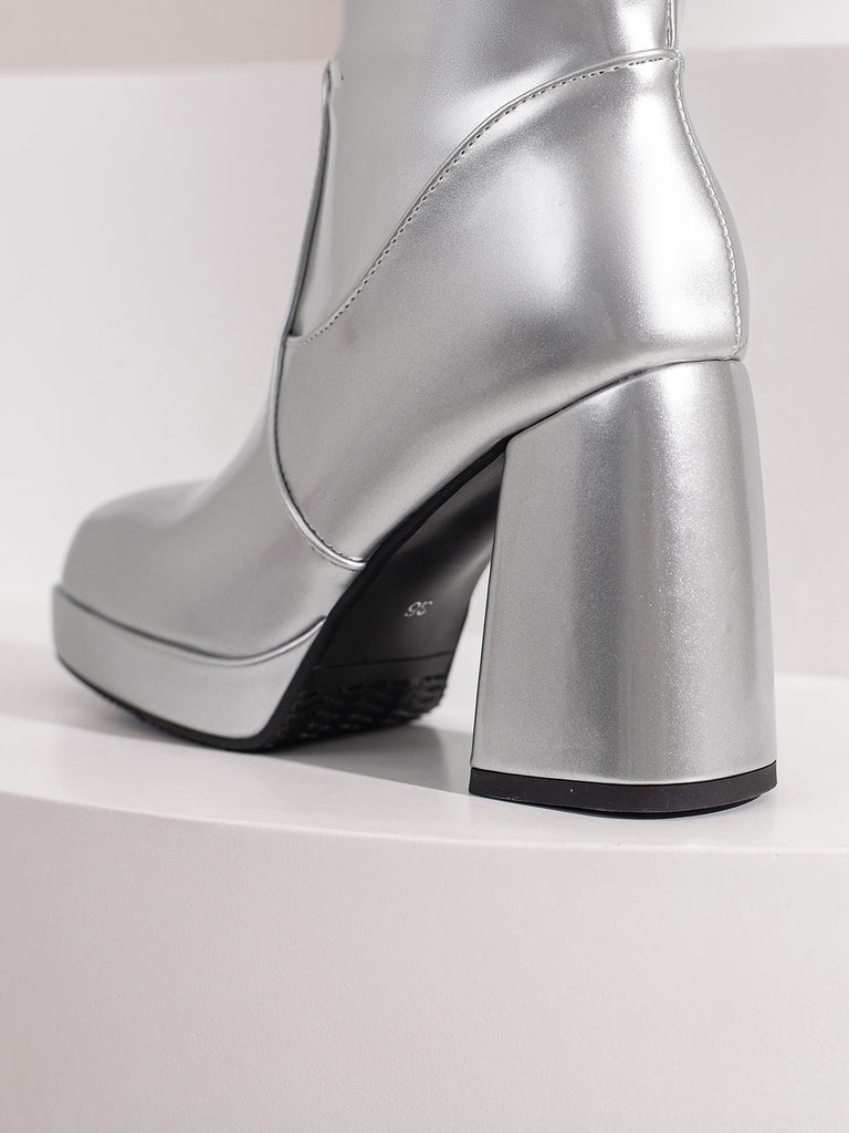 Patent Leather Round Toe Solid High Heel Boots