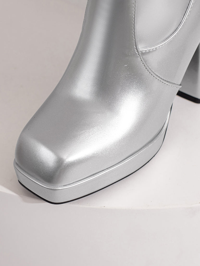 Patent Leather Round Toe Solid High Heel Boots