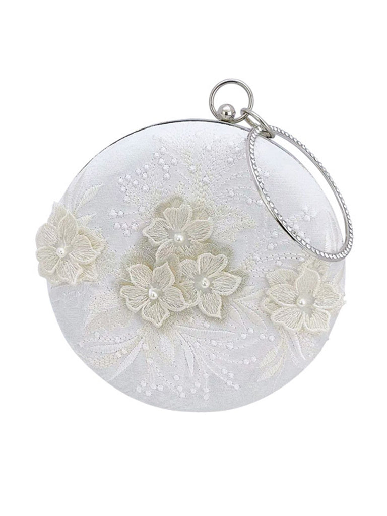 White Embroidered Flower Pearl Tote Bag