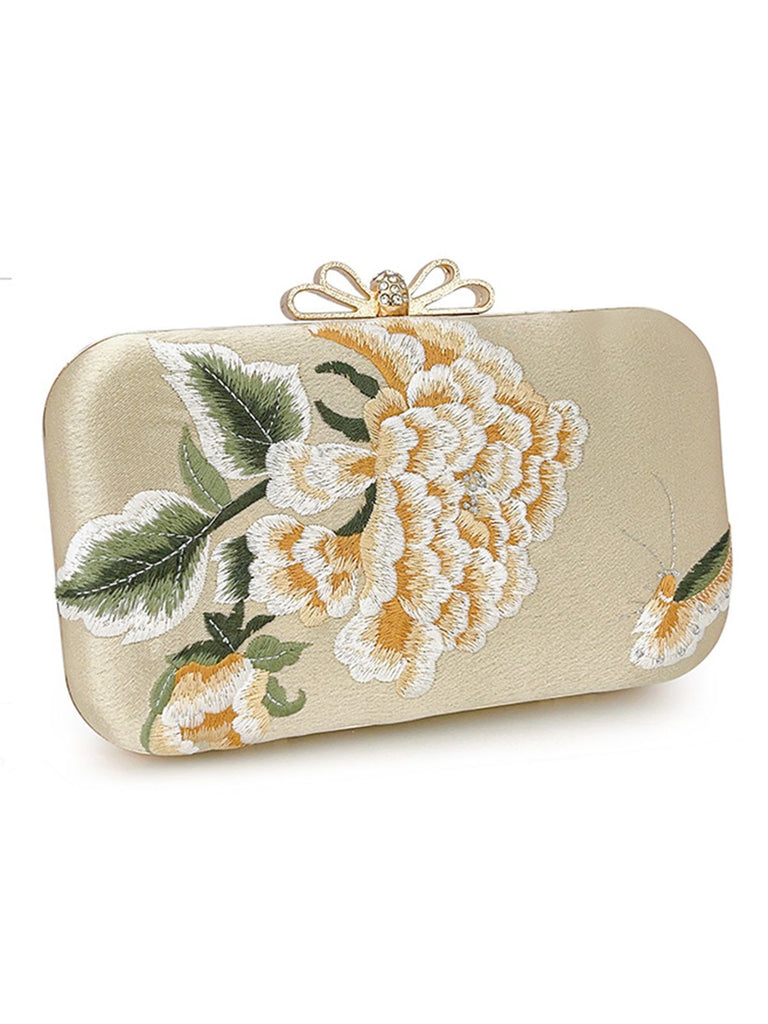 Gold Vintage Peony Embroidered Clutch