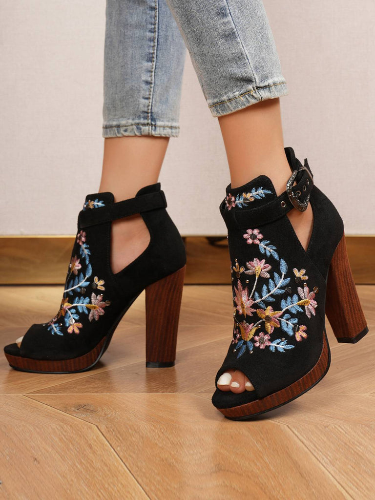 Black Floral Embroidered Open-Toe Ankle Boots