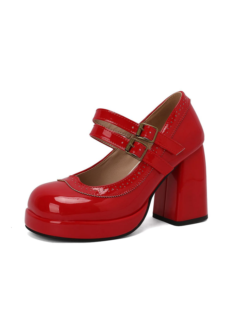 Retro Mary Jane Patent Leather Platform Chuny Heels