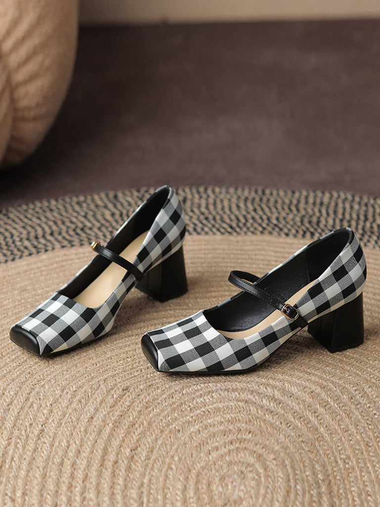 Black Gingham Plaid Square Toe Chunky Heels