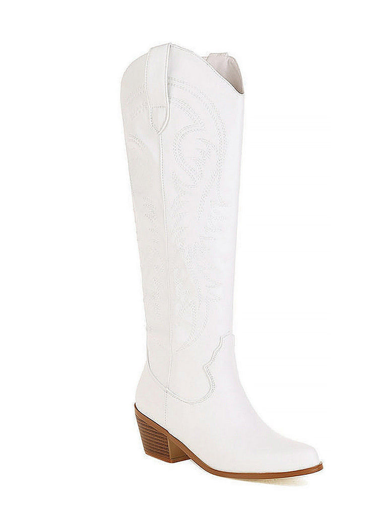 Embroidered Chunky Heel Mid-Calf Cowboy Boots