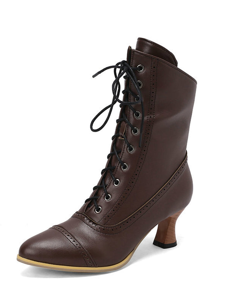 Vintage Leather Lace-up Kitten Heel Boots