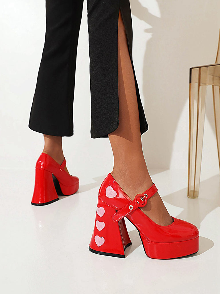 Heart Mary Jane Square Toe Leather Shoes