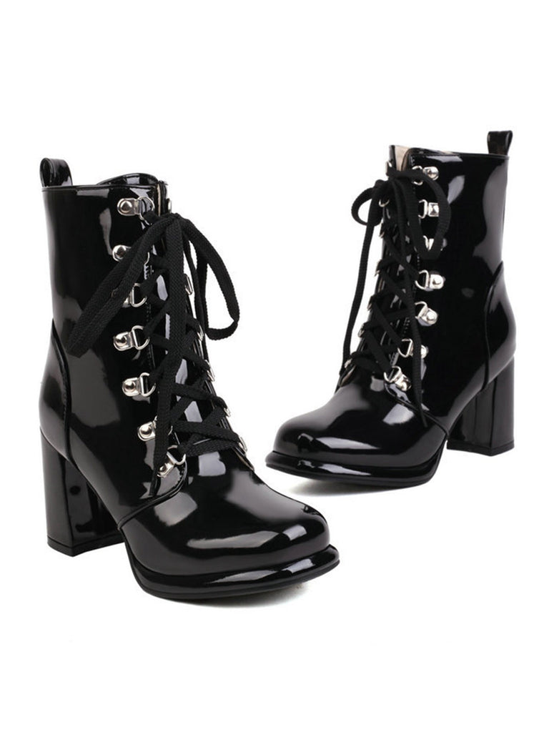 Vintage Patent Leather Lace-Up High Heel Boots