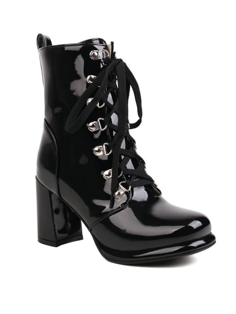 Vintage Patent Leather Lace-Up High Heel Boots