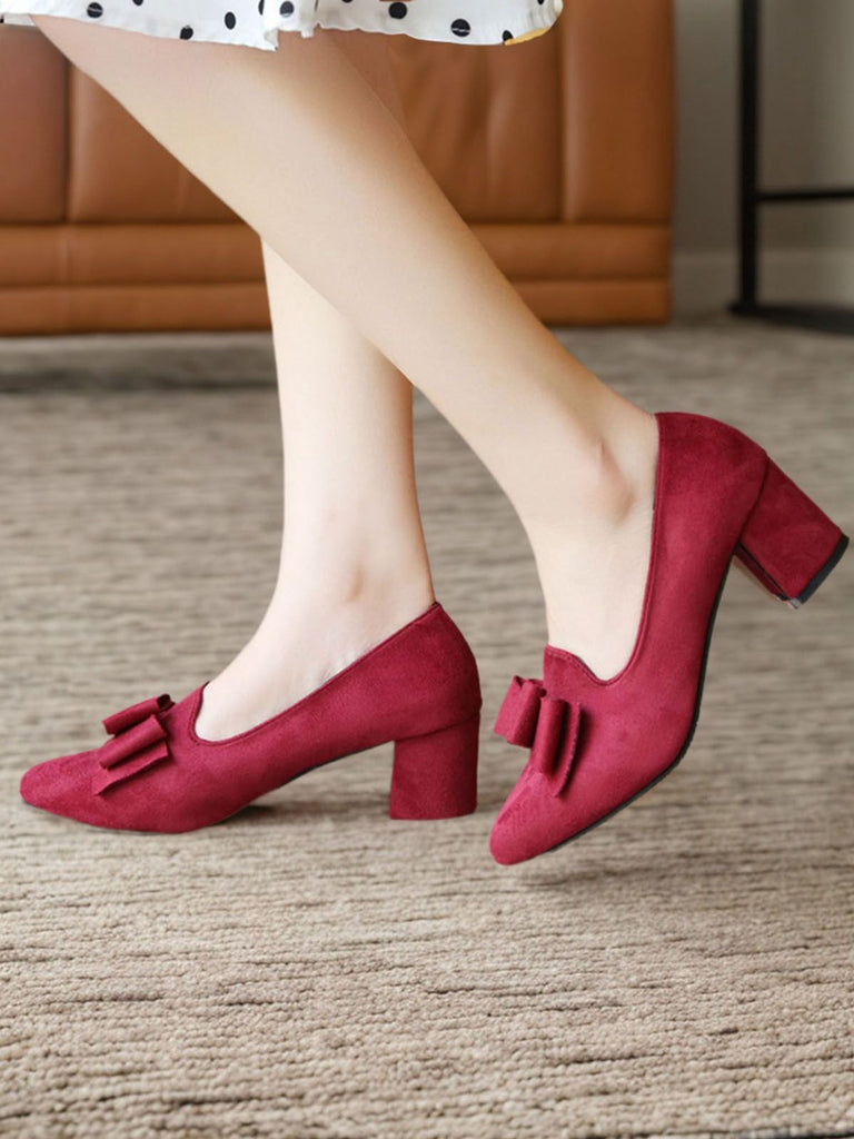 Wine Red Solid Bowknot Flannelette Heels