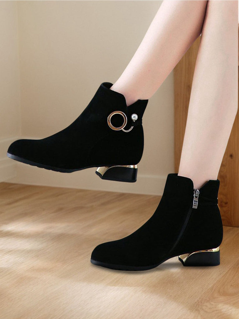 Black Vintage Suede Pearl Ankle Boots