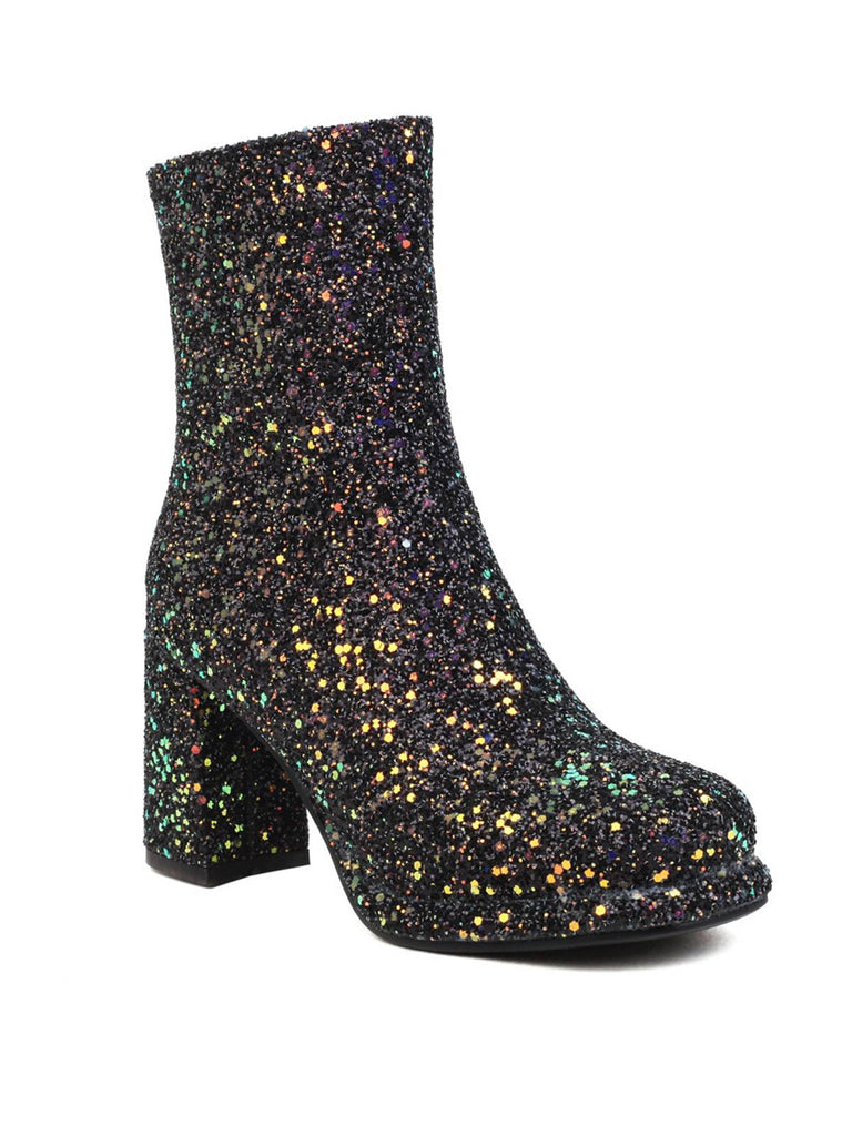 Point Toe Sequined Chunky Heel Ankle Boots