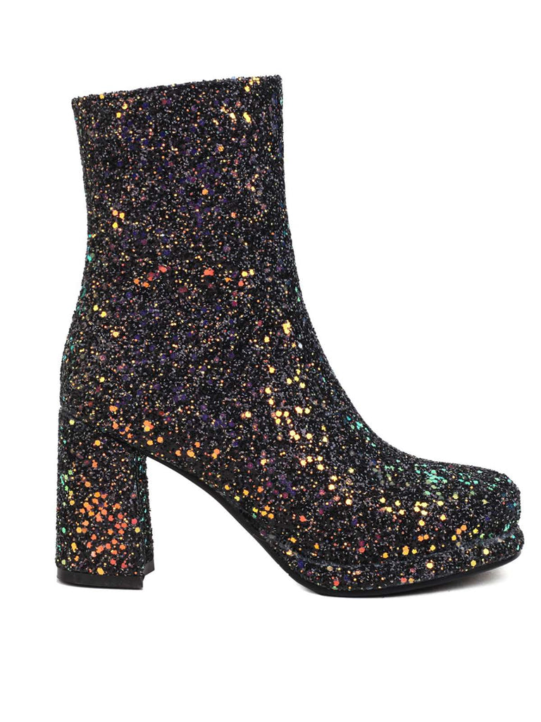 Point Toe Sequined Chunky Heel Ankle Boots