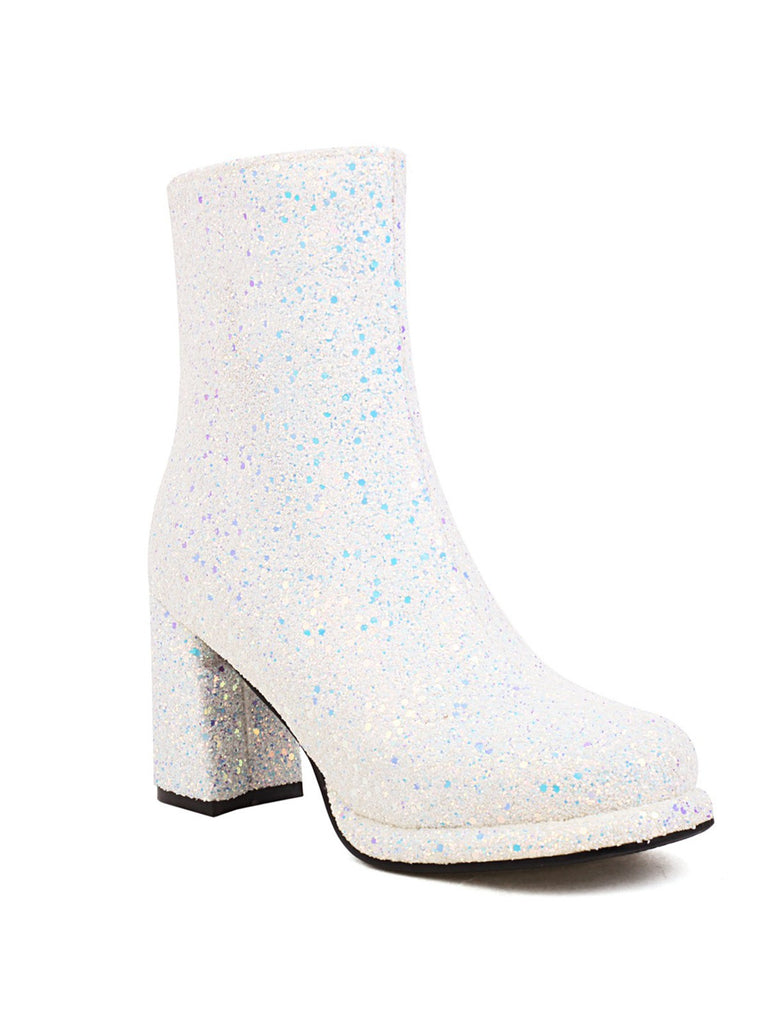 Point Toe Sequined Chunky Heel Ankle Boots