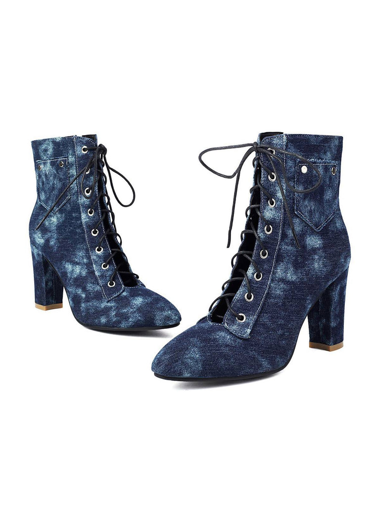 Vintage Denim Lace-Up High Heel Boots