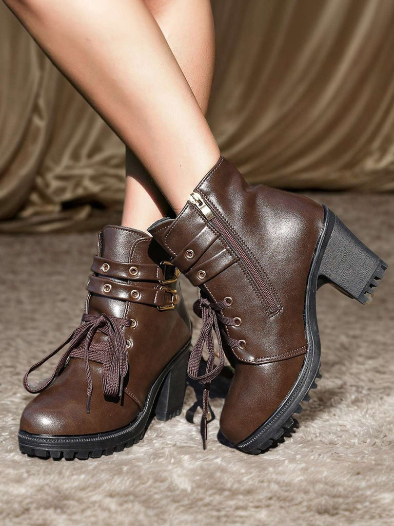 Coffee Leather Lace-Up High Heel Ankle Boots