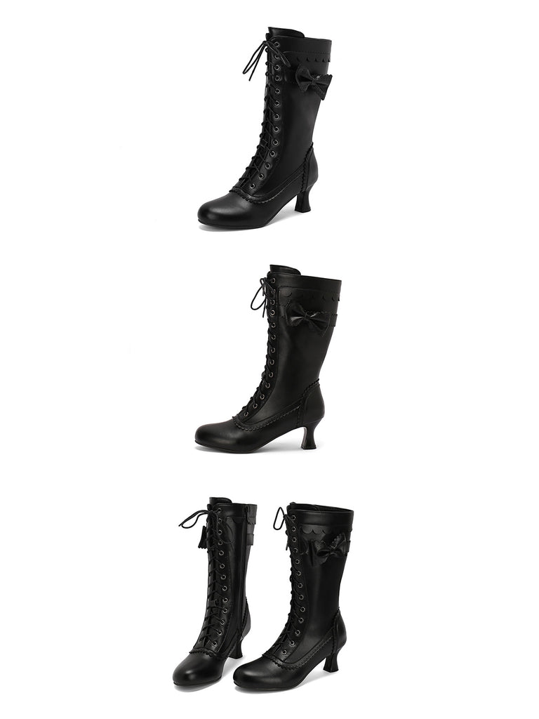 Leather Bow Lace-Up Calf High Boots