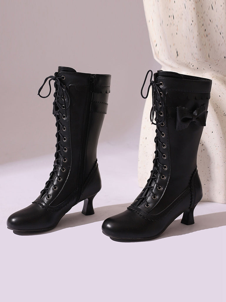 Leather Bow Lace-Up Calf High Boots