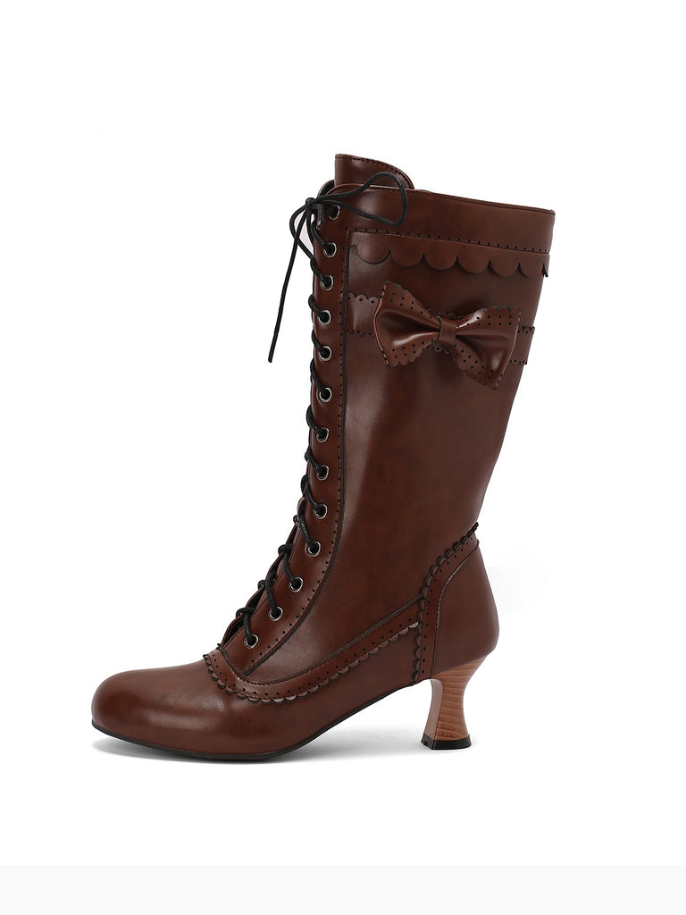 Leather Bow Lace-Up Calf High Boots