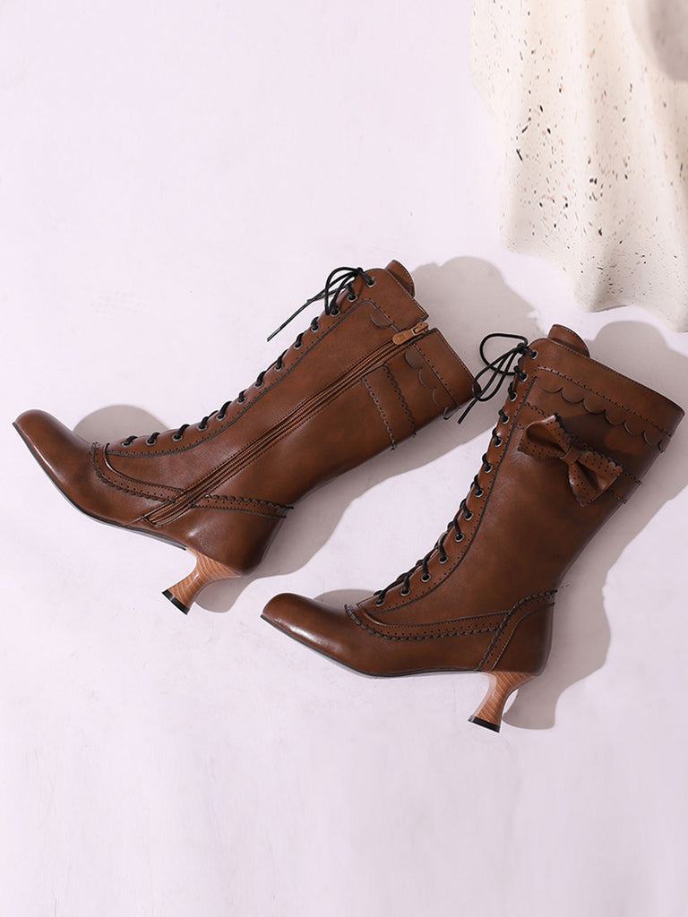 Leather Bow Lace-Up Calf High Boots