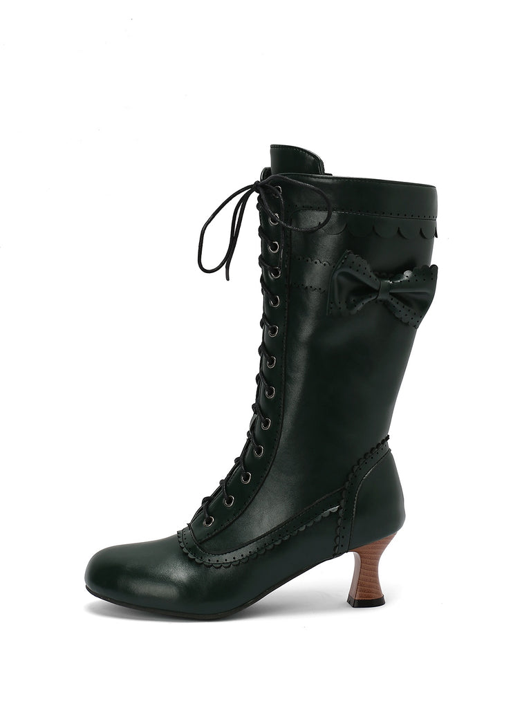 Leather Bow Lace-Up Calf High Boots