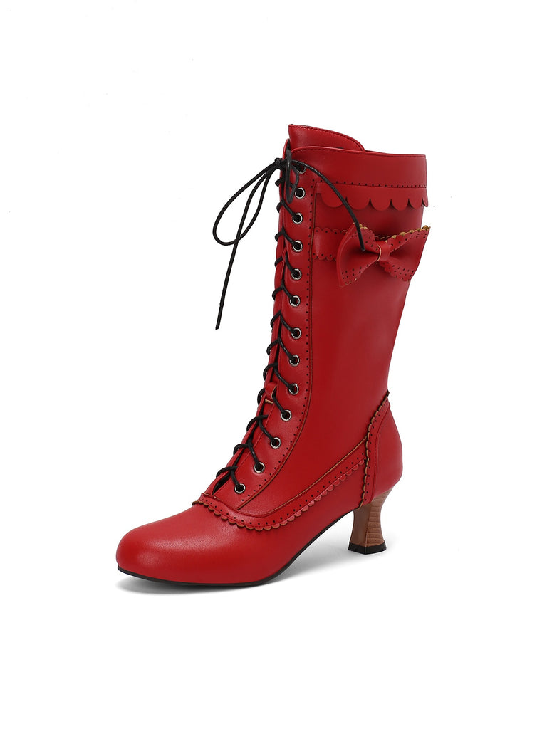 Leather Bow Lace-Up Calf High Boots