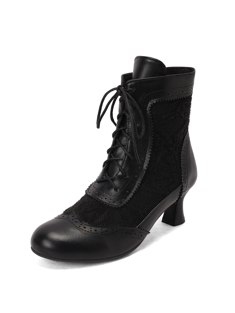 Vintage Leather Solid Lace Heel Boots