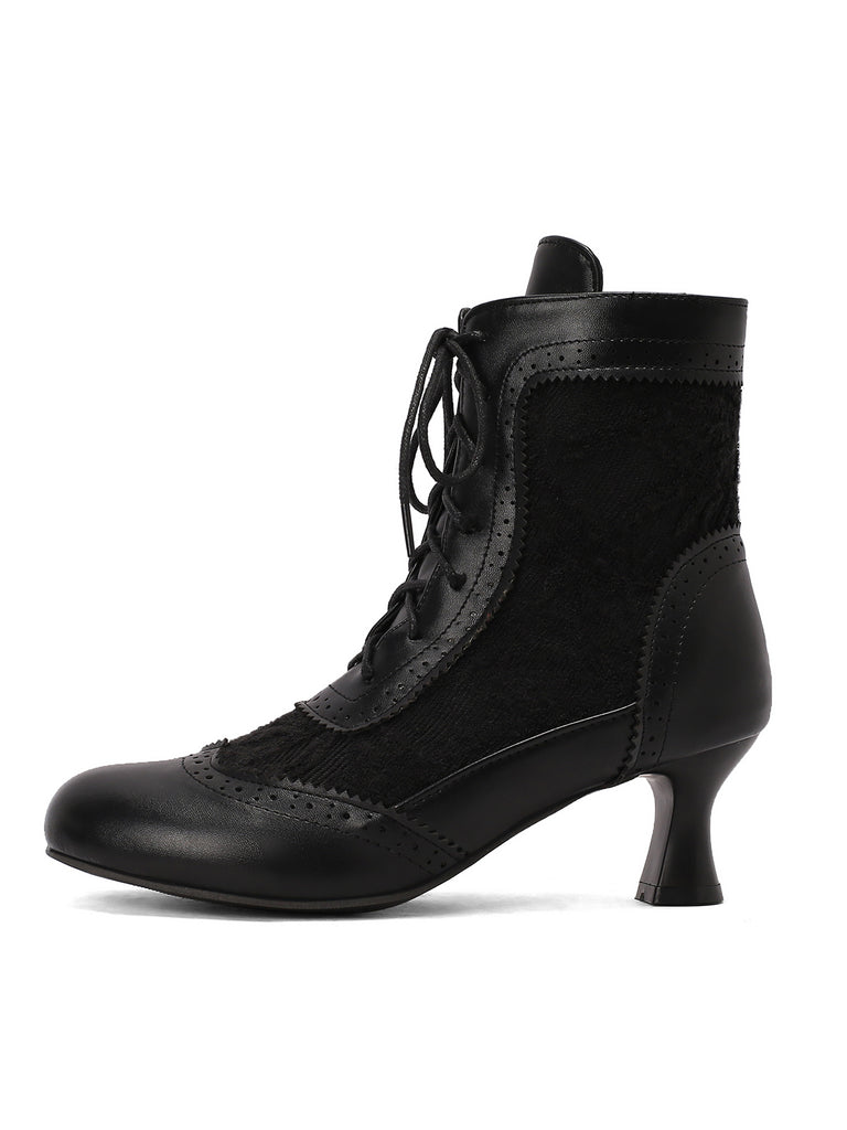 Vintage Leather Solid Lace Heel Boots