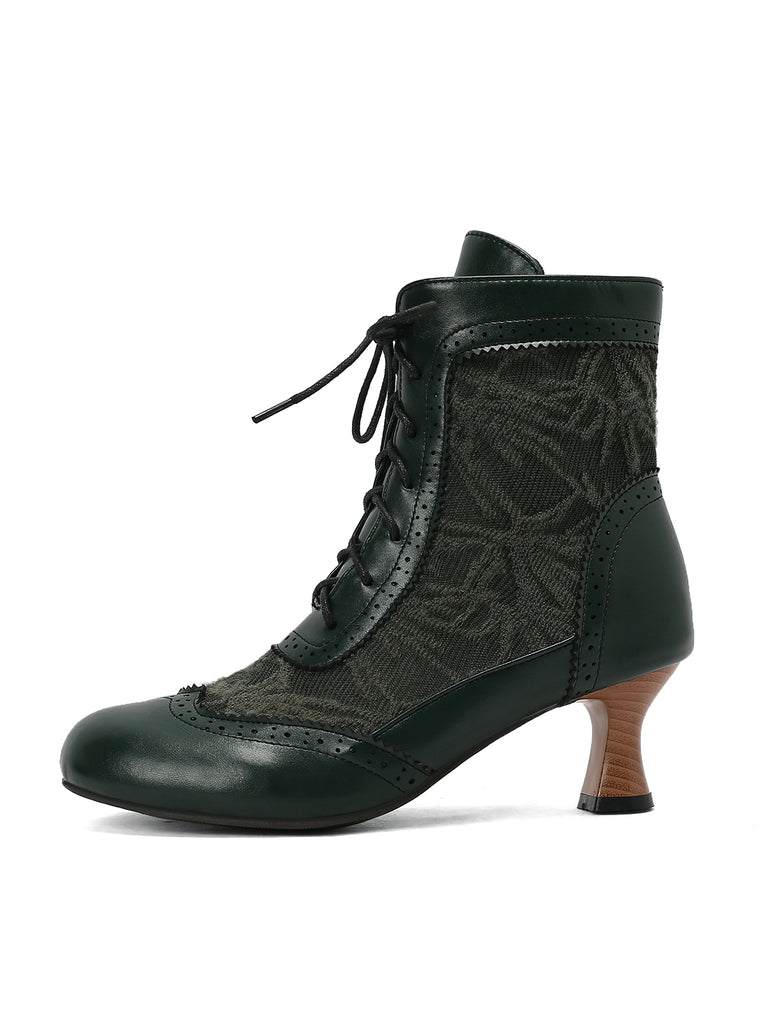 Vintage Leather Solid Lace Heel Boots